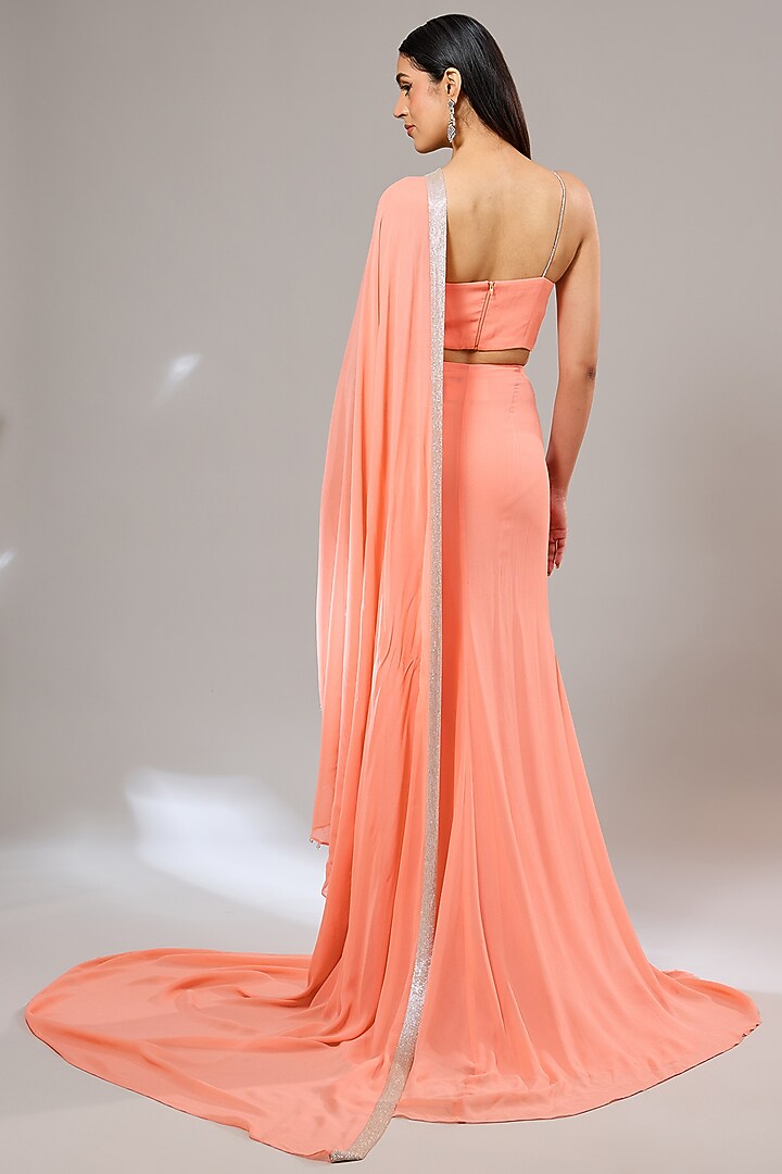 Peach Georgette Geometric Hand Embellished Draped Wedding Saree Set by Namrata Joshipura at Pernia's Pop Up Shop