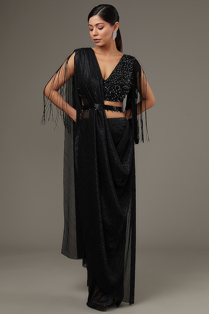 Black & Silver Shimmer Crepe Saree Set by Namrata Joshipura