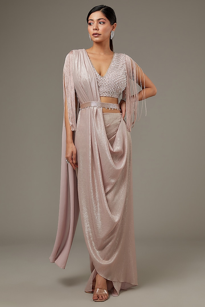 Pink Shimmer Chiffon Wedding Saree Set by Namrata Joshipura at Pernia's Pop Up Shop