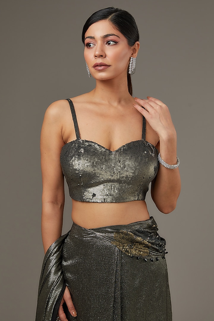 Black & Gold Shimmer Chiffon Wedding Saree Set by Namrata Joshipura at Pernia's Pop Up Shop