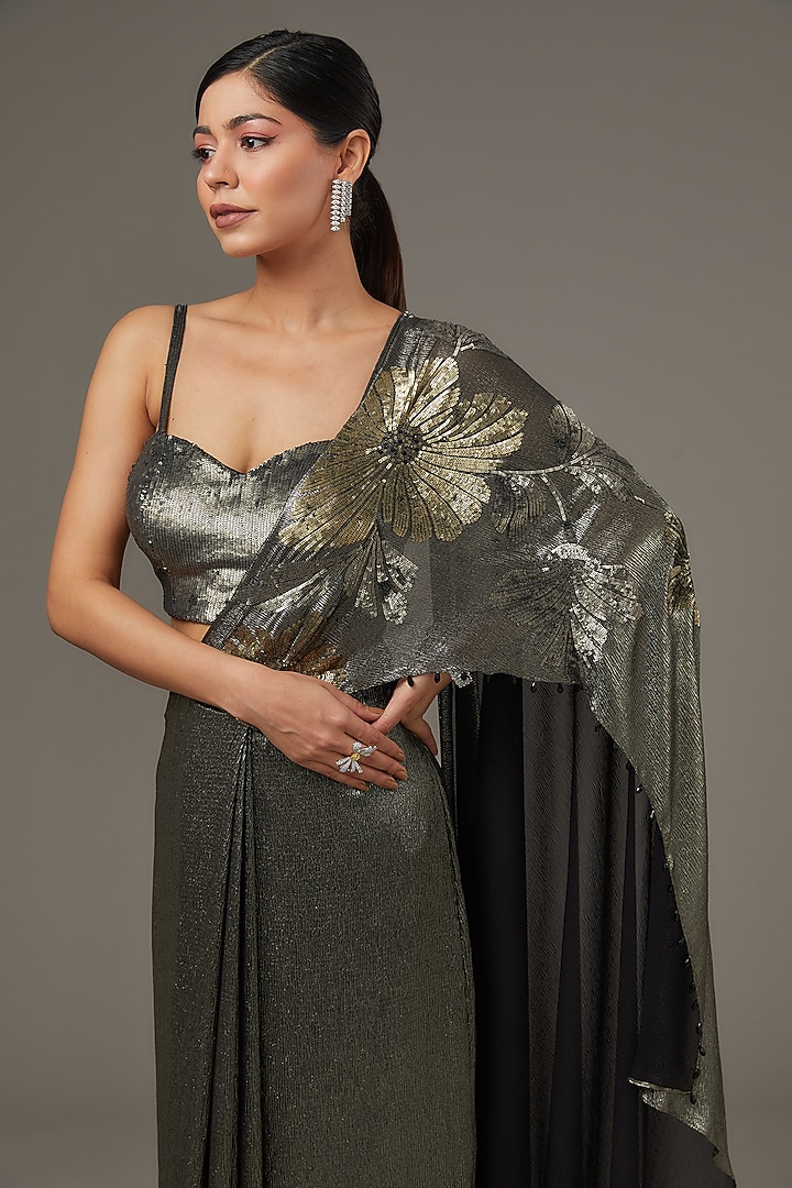 Black & Gold Shimmer Chiffon Wedding Saree Set by Namrata Joshipura at Pernia's Pop Up Shop
