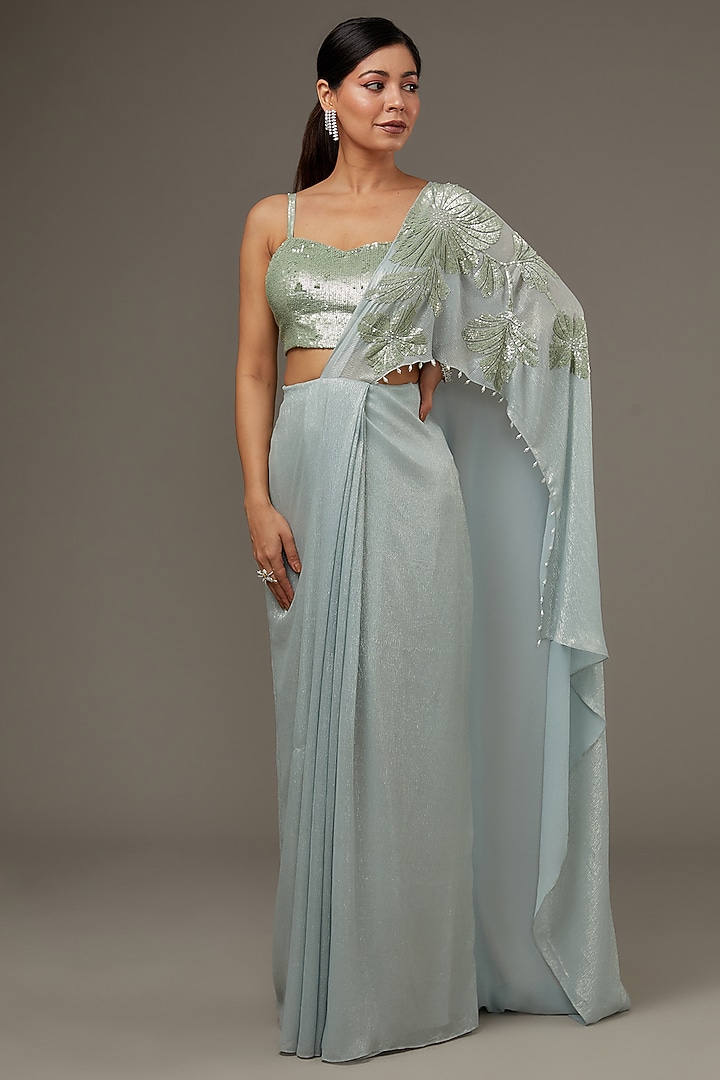 Ice Blue Shimmer Chiffon Wedding Saree Set by Namrata Joshipura at Pernia's Pop Up Shop