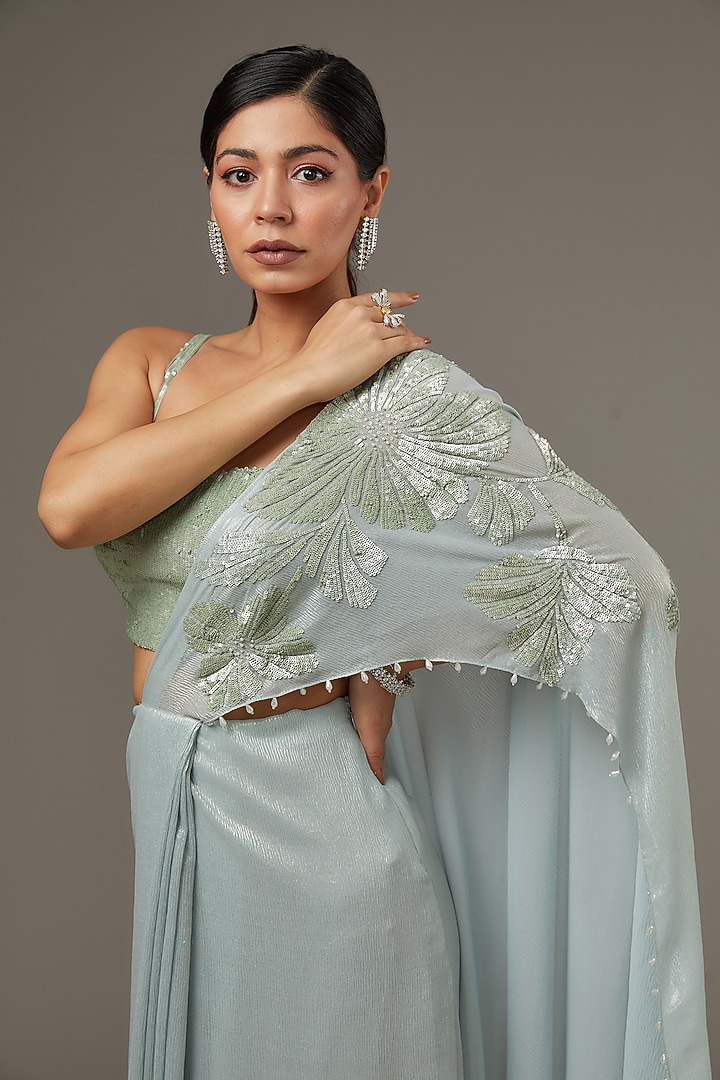 Ice Blue Shimmer Chiffon Wedding Saree Set by Namrata Joshipura at Pernia's Pop Up Shop