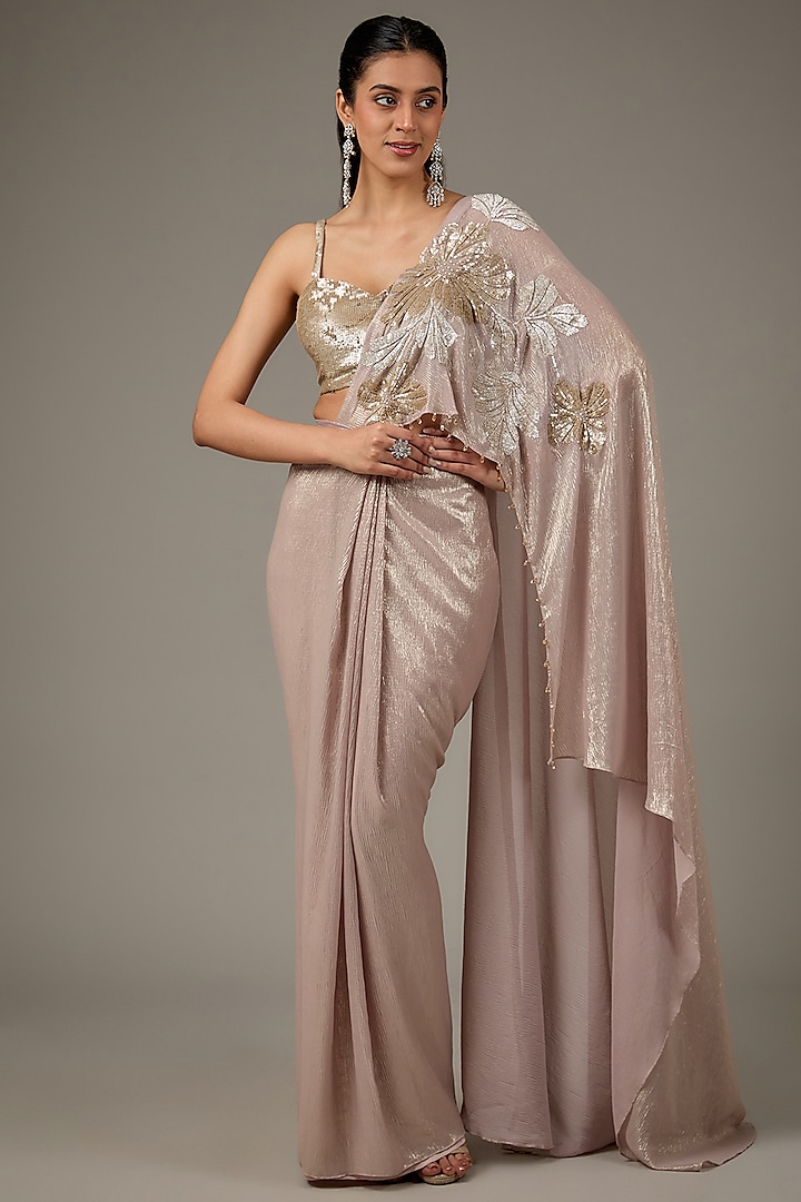 Salmon Pink Shimmer Chiffon Saree Set by Namrata Joshipura