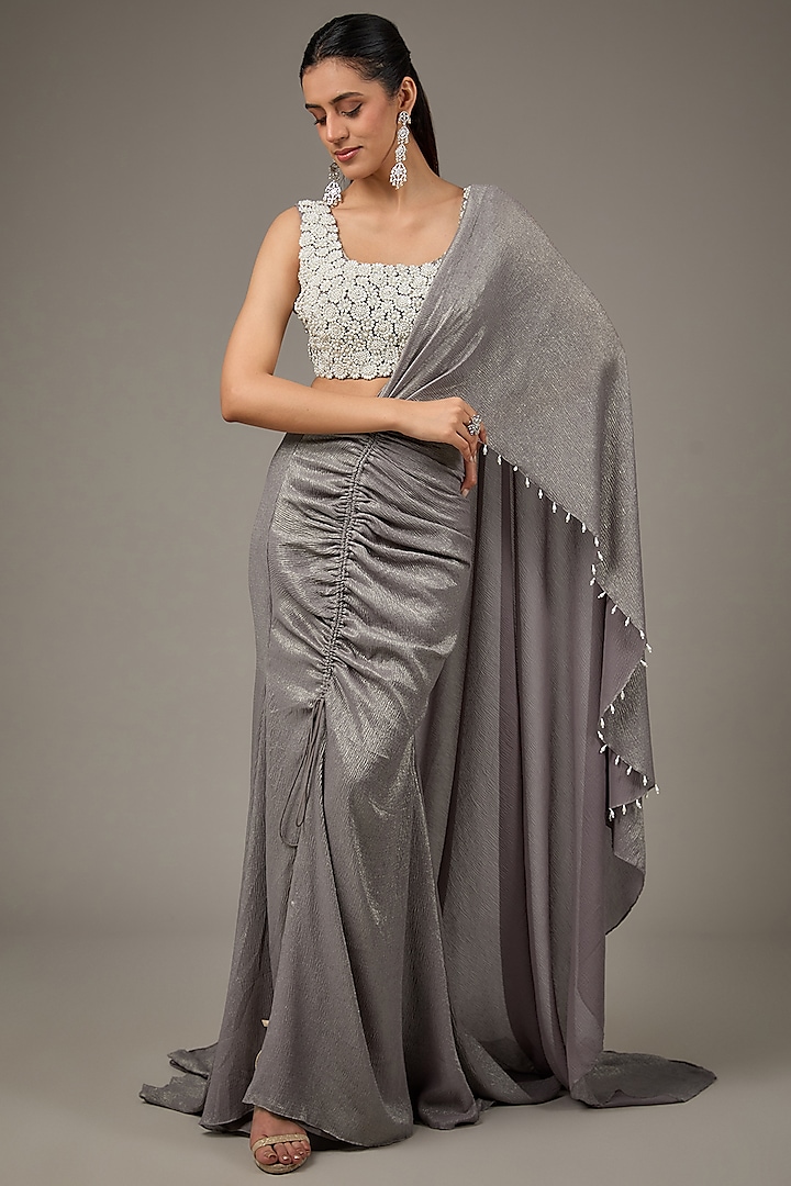 Mud Shimmer Chiffon Saree Set by Namrata Joshipura at Pernia's Pop Up Shop