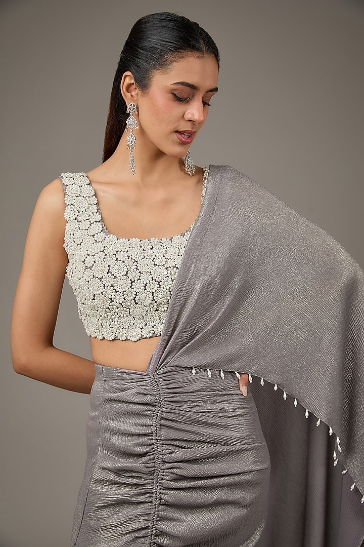 Mud Shimmer Chiffon Wedding Saree Set by Namrata Joshipura at Pernia's Pop Up Shop