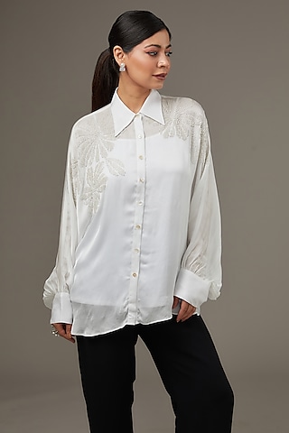 White Cupro Satin Shirt by Namrata Joshipura