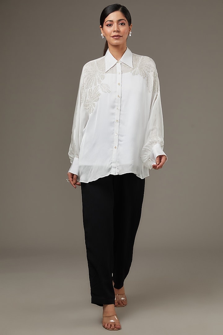 White Cupro Satin Shirt by Namrata Joshipura at Pernia's Pop Up Shop