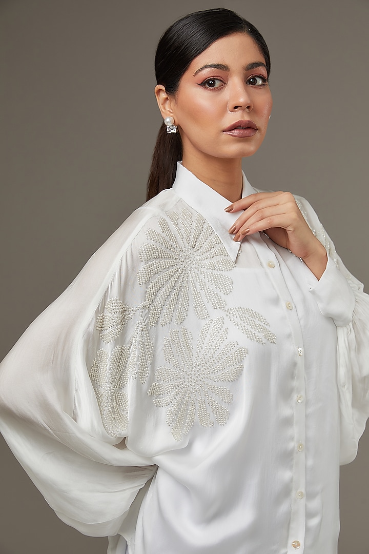 White Cupro Satin Shirt by Namrata Joshipura at Pernia's Pop Up Shop