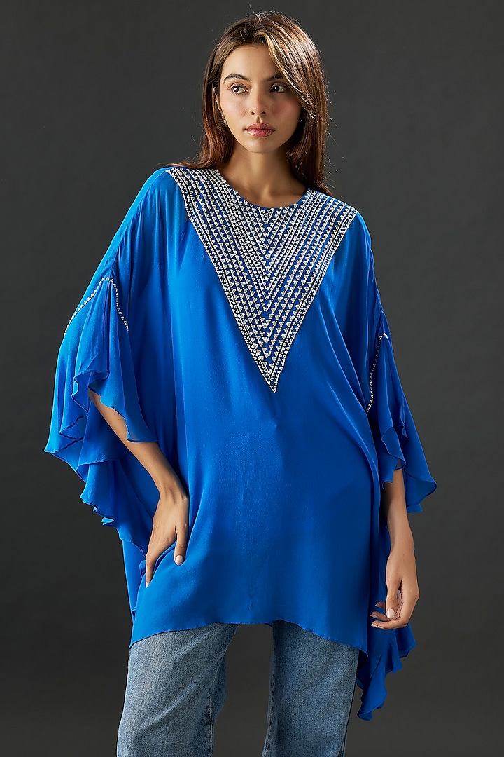 Blue Georgette Frilled Tunic by Namrata Joshipura at Pernia's Pop Up Shop