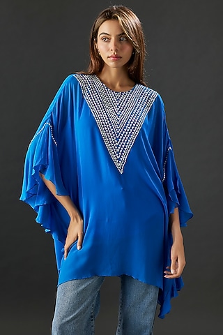 Blue Georgette Frilled Tunic by Namrata Joshipura