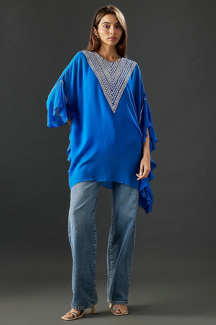 Blue Georgette Frilled Tunic by Namrata Joshipura at Pernia's Pop Up Shop