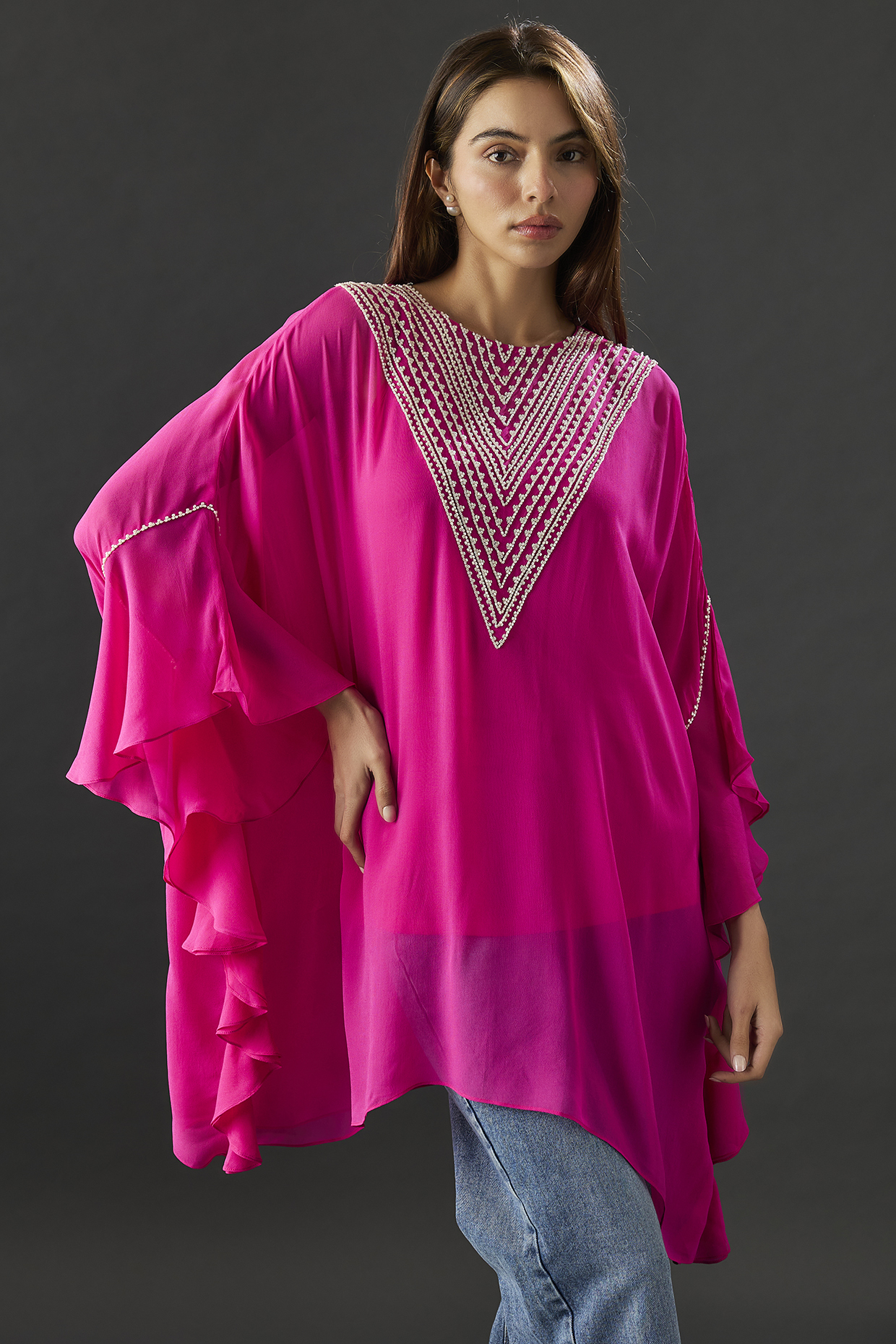 Fuchsia Georgette Frilled Tunic by Namrata Joshipura at Pernia's Pop Up Shop