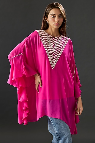 Fuchsia Georgette Frilled Tunic by Namrata Joshipura