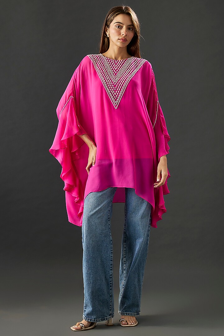 Fuchsia Georgette Frilled Tunic by Namrata Joshipura at Pernia's Pop Up Shop