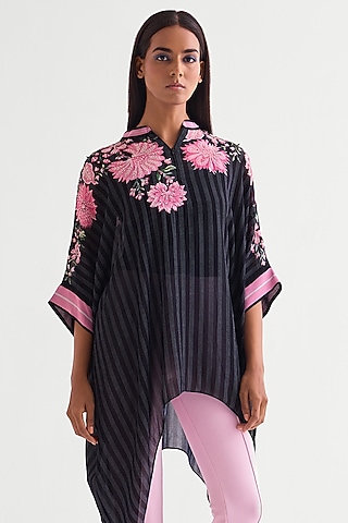 Black Georgette Floral Handkerchief Tunic by Namrata Joshipura