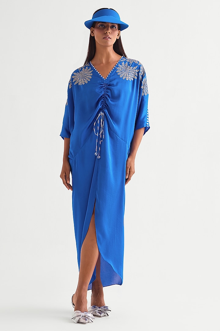 German Blue Satin Drawstring Vacation Dress by Namrata Joshipura at Pernia's Pop Up Shop