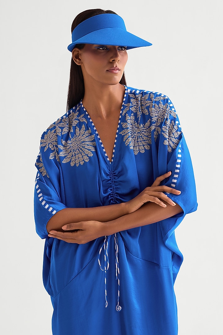 German Blue Satin Drawstring Vacation Dress by Namrata Joshipura at Pernia's Pop Up Shop