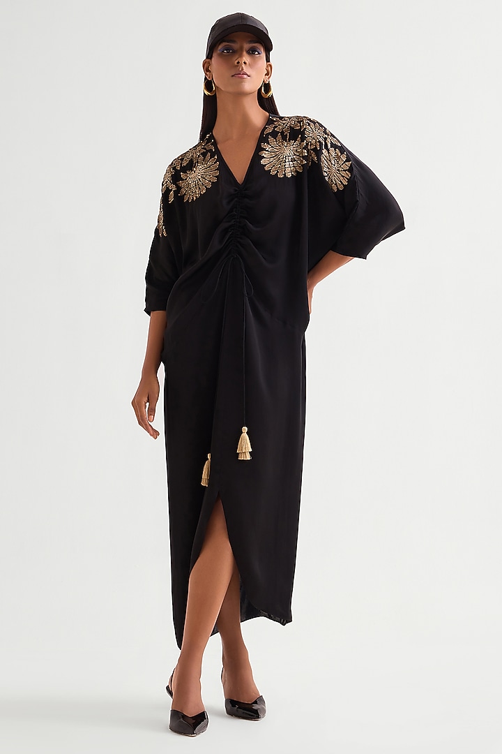 Black Satin Drawstring Vacation Dress by Namrata Joshipura at Pernia's Pop Up Shop