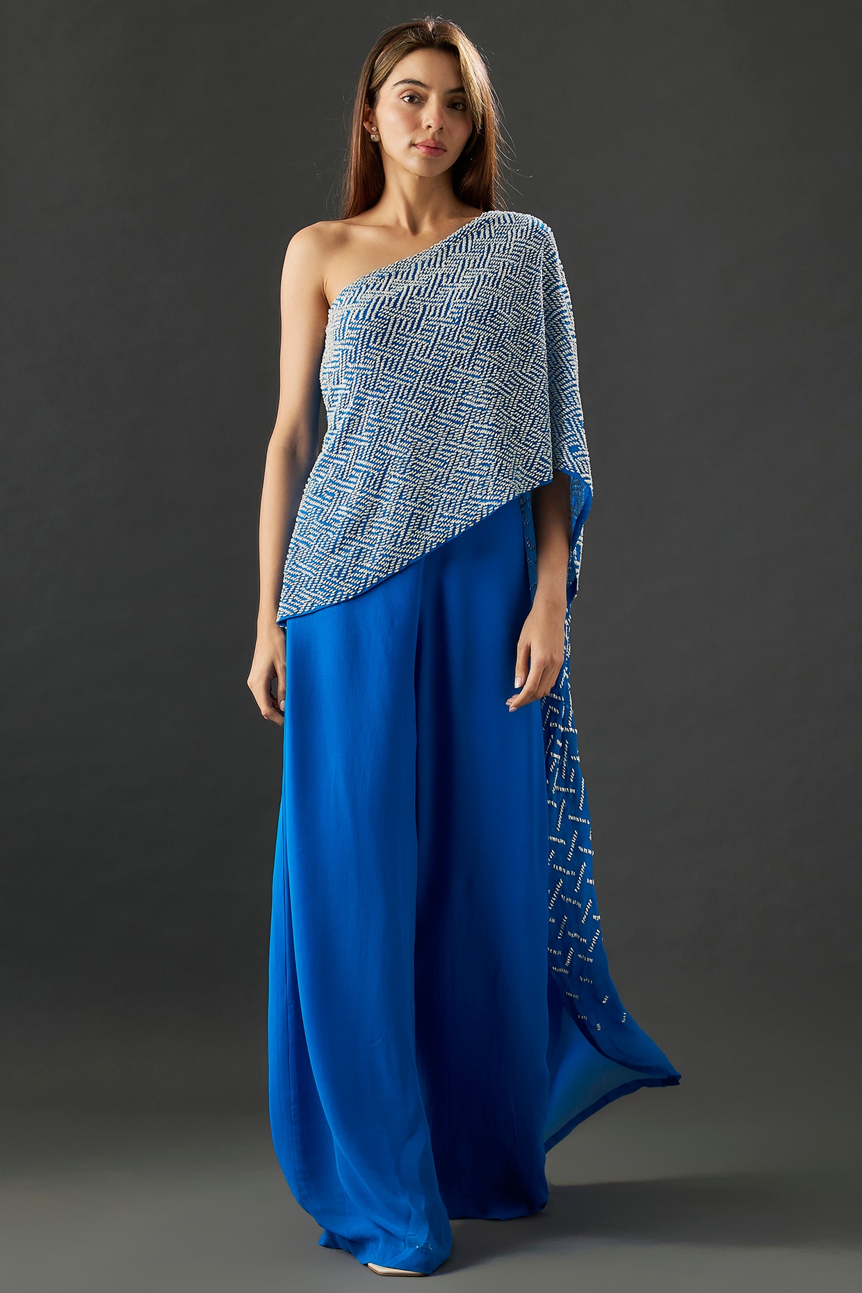 Blue Georgette One Shoulder Jumpsuit by Namrata Joshipura at - Main Image