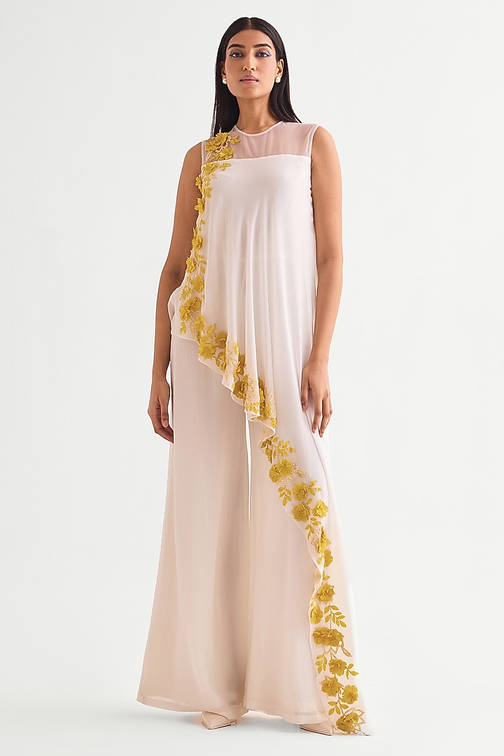 Ivory Georgette Panelled Jumpsuit by Namrata Joshipura at Pernia's Pop Up Shop