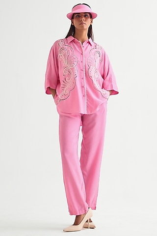 Candy Pink Silk Voile Co-Ord Set by Namrata Joshipura