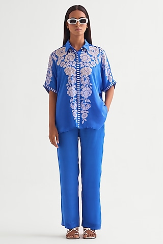 German Blue Satin Co-Ord Set by Namrata Joshipura