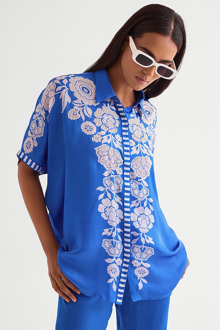 German Blue Satin Co-Ord Set by Namrata Joshipura at Pernia's Pop Up Shop