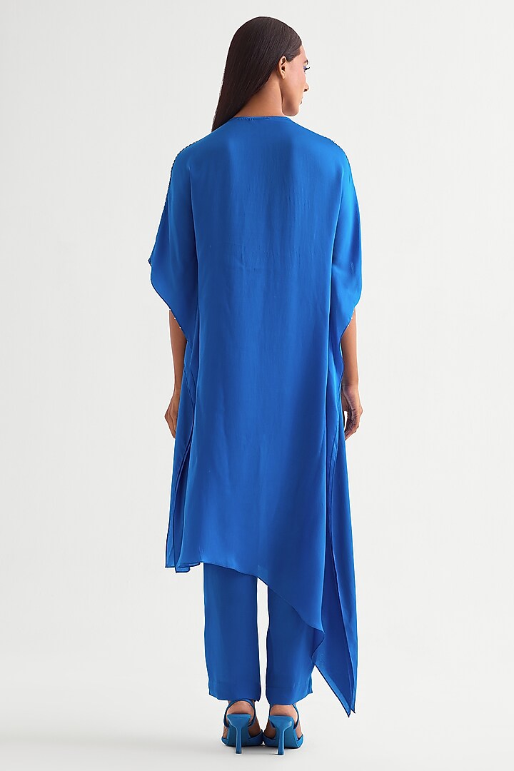 German Blue Satin Asymmetrical Kaftan Set by Namrata Joshipura at Pernia's Pop Up Shop