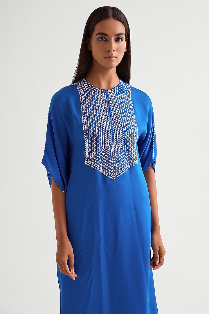 German Blue Satin Asymmetrical Kaftan Set by Namrata Joshipura at Pernia's Pop Up Shop