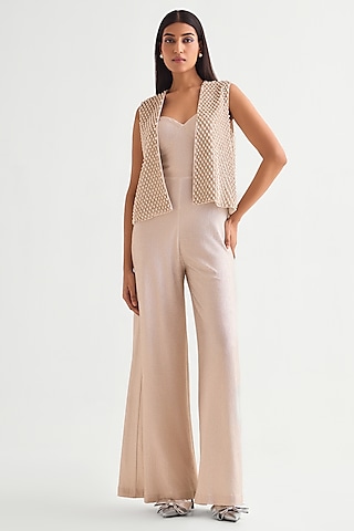 Ivory & Gold Shimmer Jersey Jumpsuit With Jacket by Namrata Joshipura