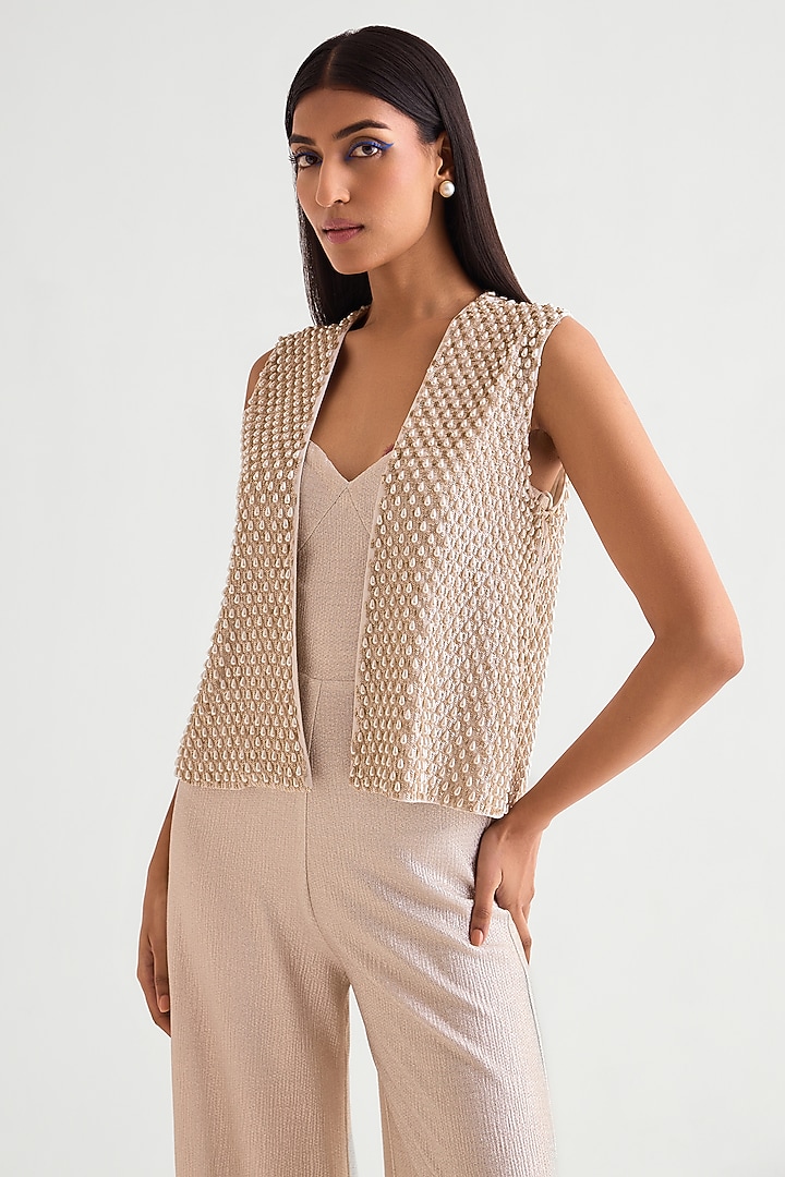 Ivory & Gold Shimmer Jersey Jumpsuit With Jacket by Namrata Joshipura at Pernia's Pop Up Shop