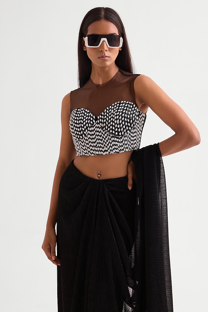 Black Shimmer Crepe Draped Reception Saree Set by Namrata Joshipura at Pernia's Pop Up Shop