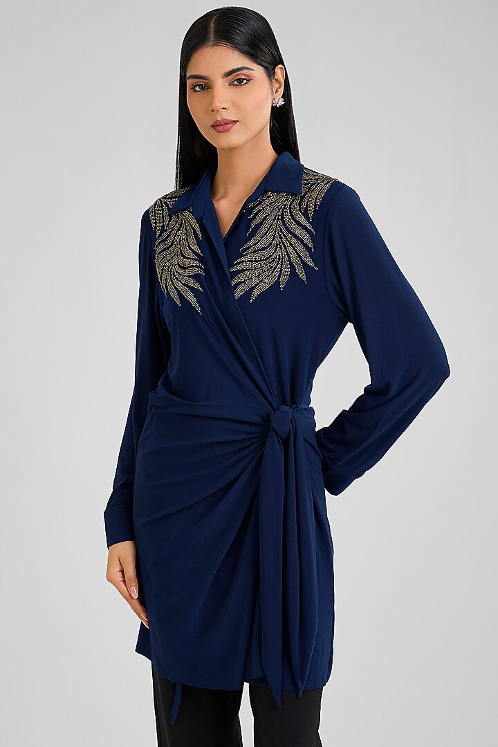 Navy Jersey hand Embellished Tie-Up Vacation Dress by Namrata Joshipura at Pernia's Pop Up Shop