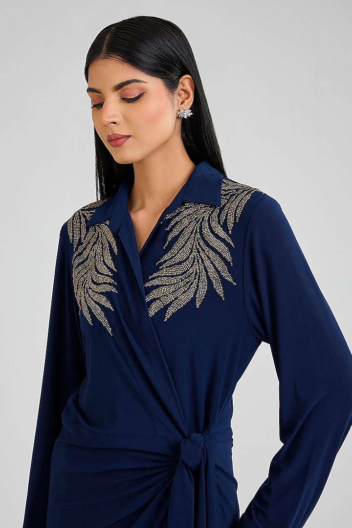 Navy Jersey hand Embellished Tie-Up Vacation Dress by Namrata Joshipura at Pernia's Pop Up Shop