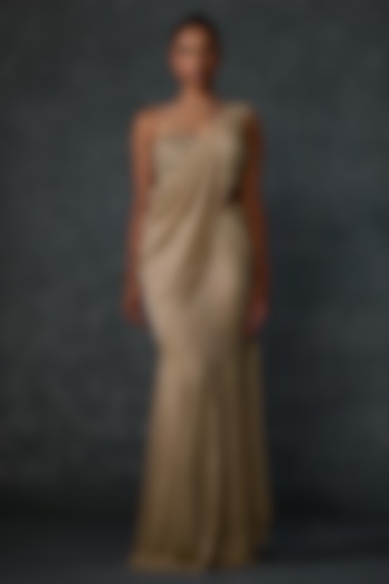 Gold Shimmer Crepe Hand Embroidered Godet Draped Reception Saree Set by Namrata Joshipura at Pernia's Pop Up Shop