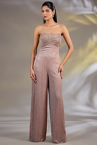 Salmon Pink Shimmer Georgette Jumpsuit by Namrata Joshipura