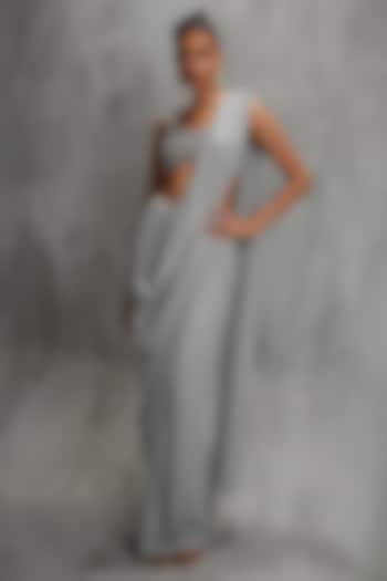 Silver Shimmer Crepe Floral Embellished Draped Wedding Saree Set by Namrata Joshipura at Pernia's Pop Up Shop