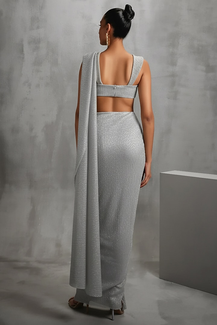 Silver Shimmer Crepe Floral Embellished Draped Wedding Saree Set by Namrata Joshipura at Pernia's Pop Up Shop