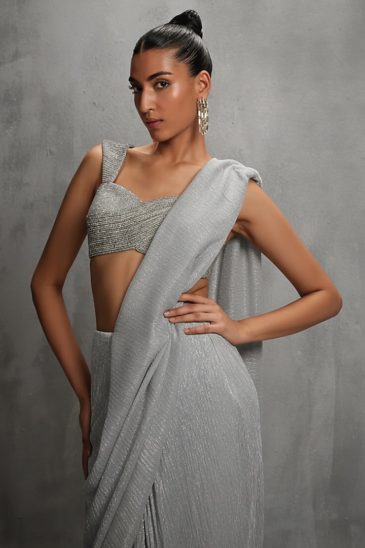 Silver Shimmer Crepe Floral Embellished Draped Wedding Saree Set by Namrata Joshipura at Pernia's Pop Up Shop
