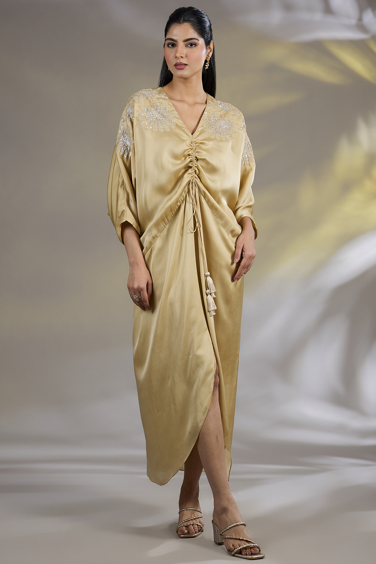 Beige Satin Dress by Namrata Joshipura at Pernia's Pop Up Shop