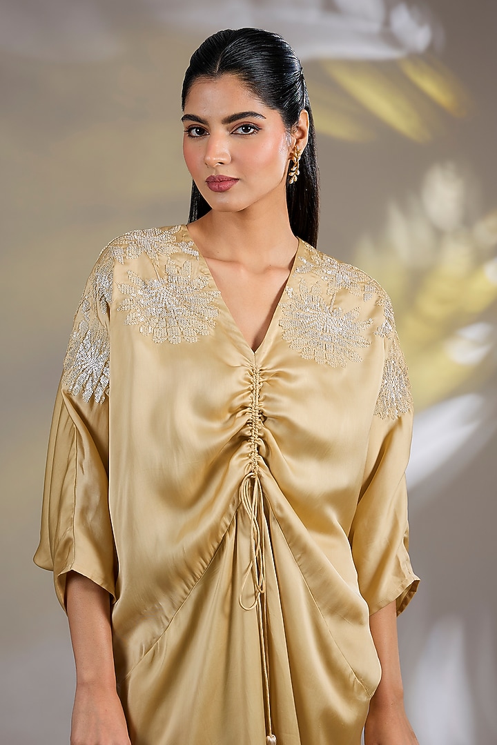 Beige Satin Vacation Dress by Namrata Joshipura at Pernia's Pop Up Shop