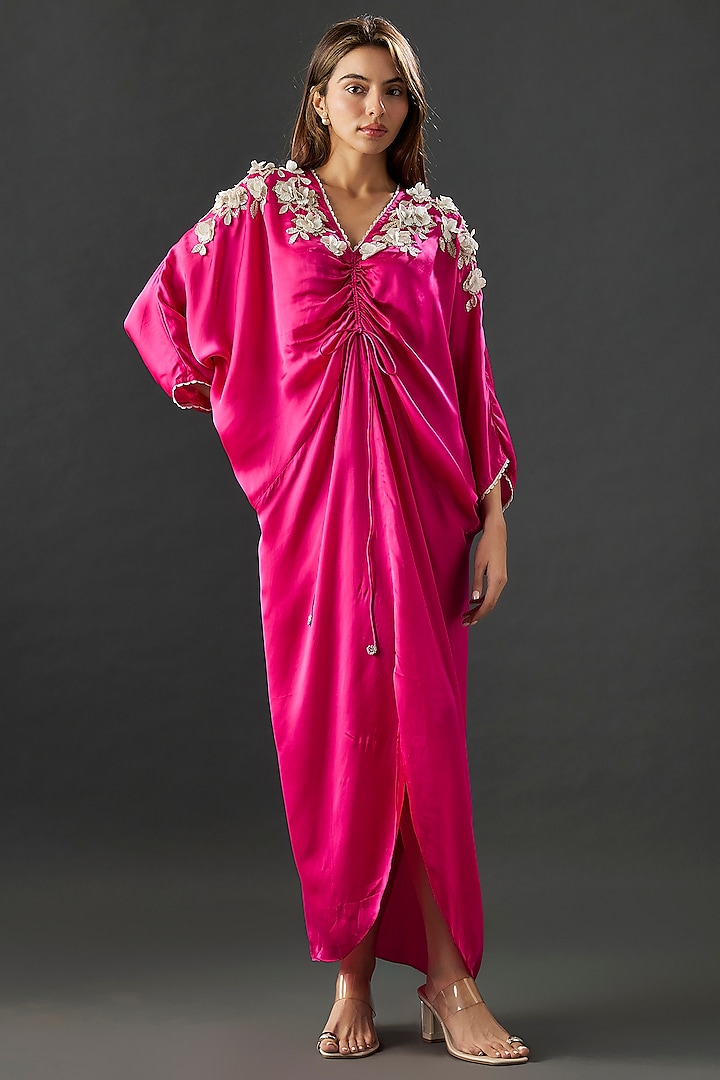 Fuchsia Satin Scrunchy Drawstring Vacation Dress by Namrata Joshipura at Pernia's Pop Up Shop