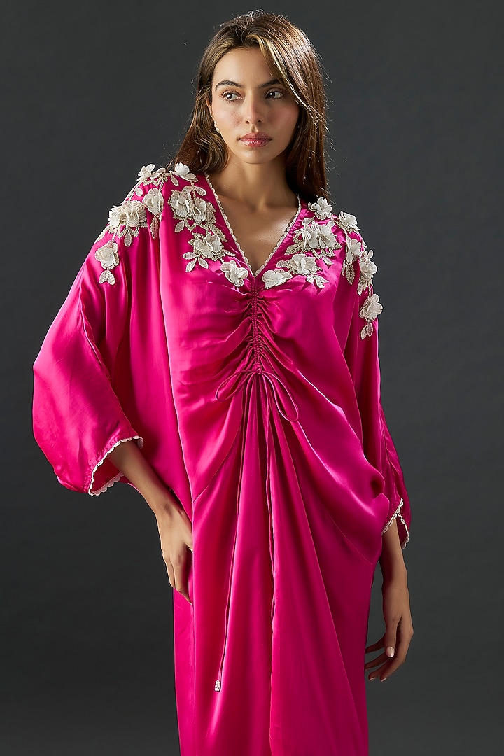Fuchsia Satin Scrunchy Drawstring Vacation Dress by Namrata Joshipura at Pernia's Pop Up Shop