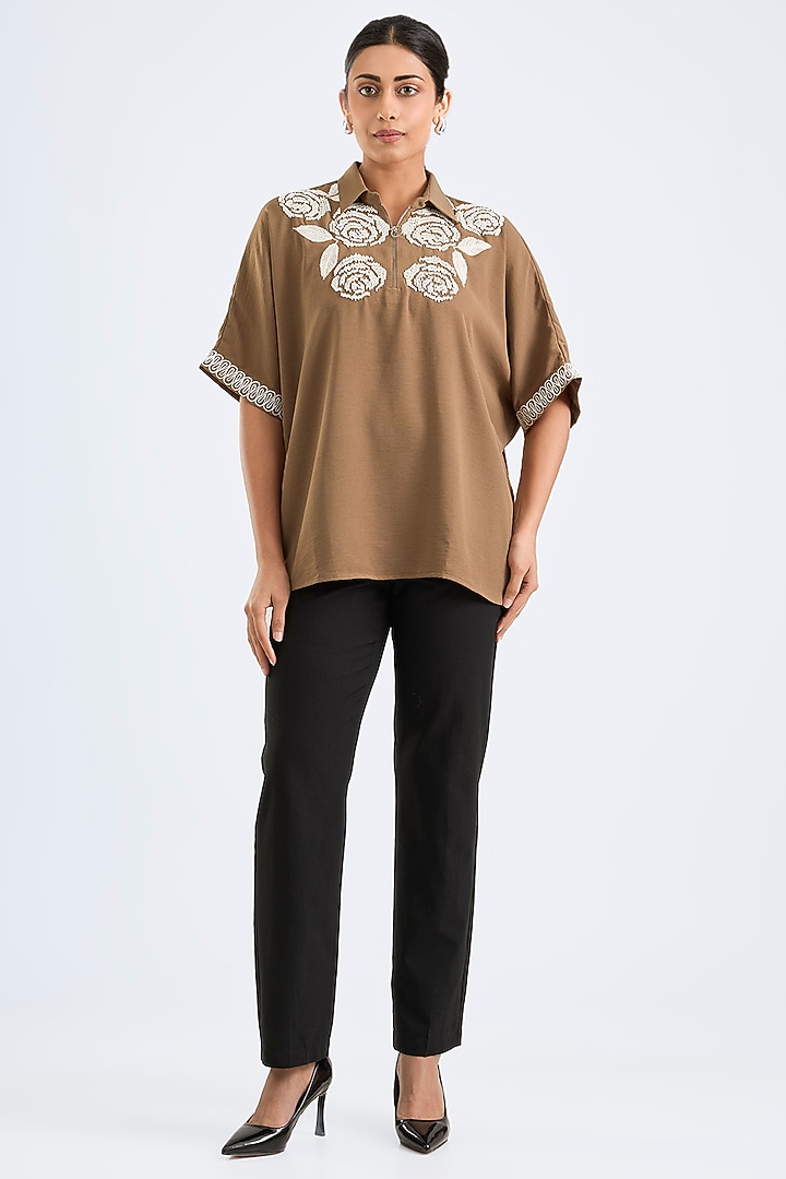 Khaki Twill Georgette Shirt by Namrata Joshipura at Pernia's Pop Up Shop