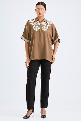 Khaki Twill Georgette Shirt by Namrata Joshipura