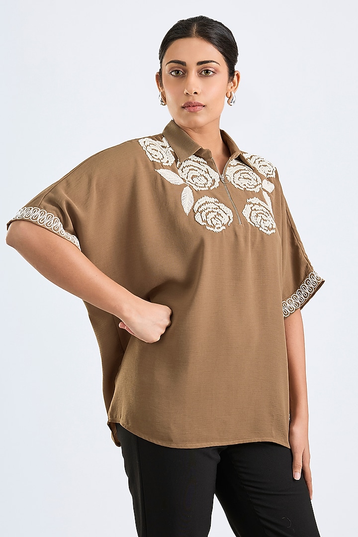 Khaki Twill Georgette Shirt by Namrata Joshipura at Pernia's Pop Up Shop