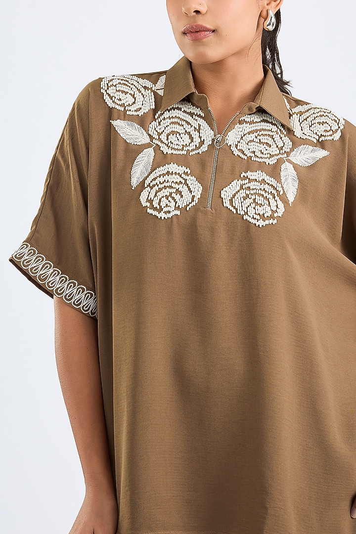 Khaki Twill Georgette Shirt by Namrata Joshipura at Pernia's Pop Up Shop
