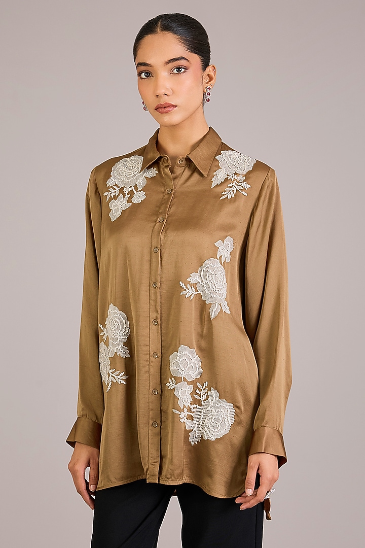 Khaki Modal Linen Shirt by Namrata Joshipura at Pernia's Pop Up Shop