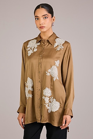 Khaki Modal Linen Shirt by Namrata Joshipura